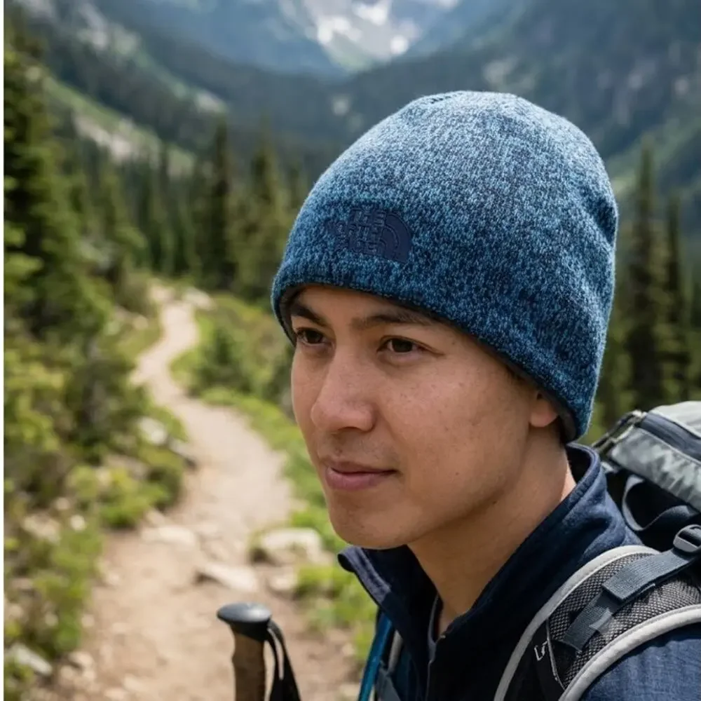 The North Face Blue Marled Beanie Hat Wool Blend Fleece Lined Winter Unisex cap
